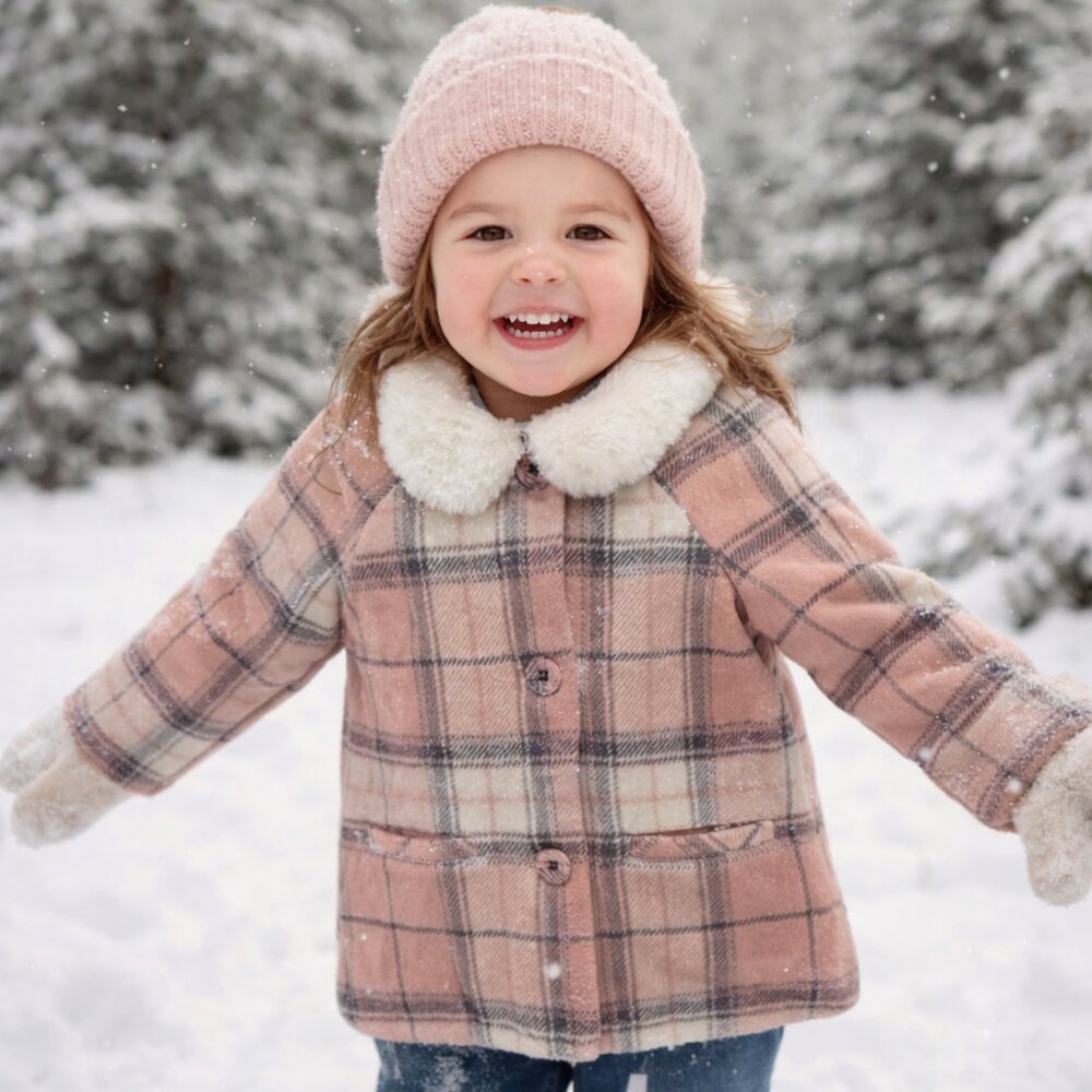 Tahari Wool Blend Flannel Jacket Kids 4T Pink Plaid Winter Faux Fur Collar Faith